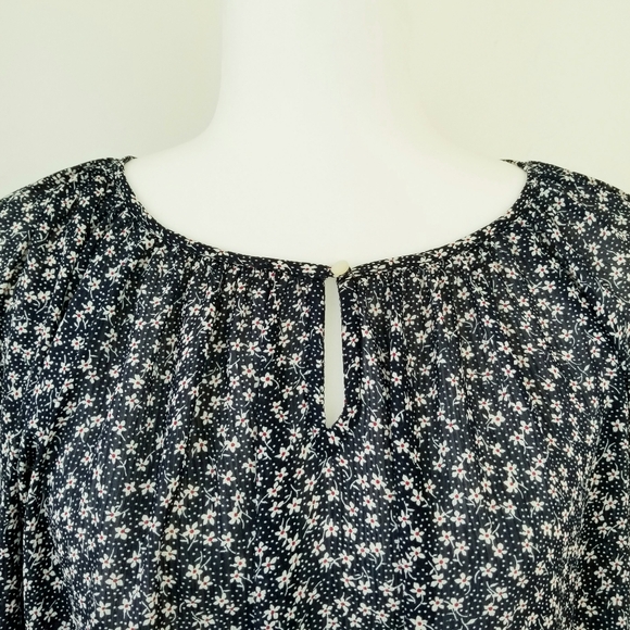 Chaps Navy Blue Floral Georgette Bell Sleeve Keyhole Peasant Blouse Large - Picture 2 of 6